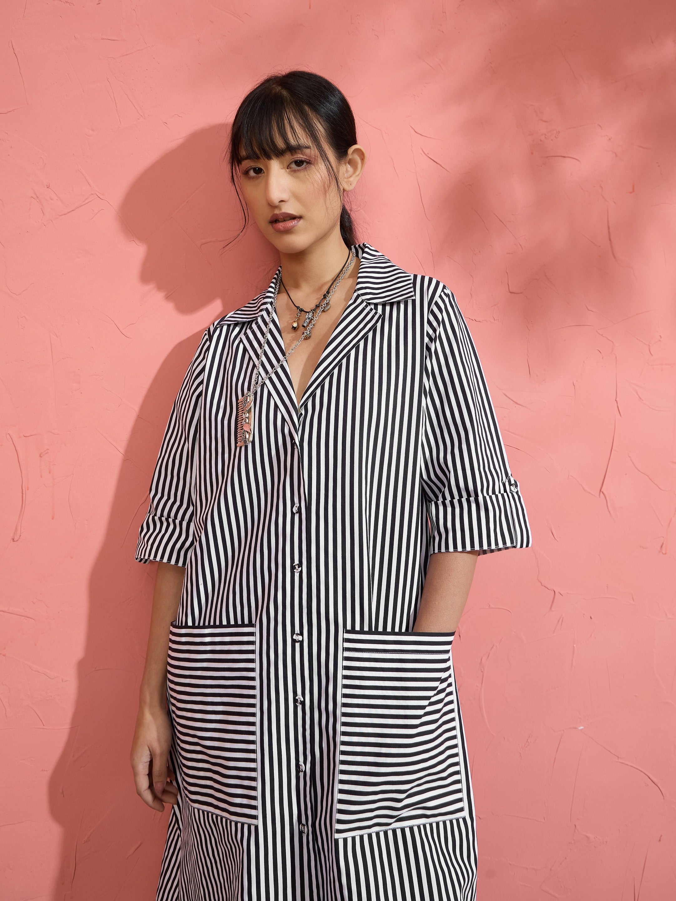 Women Black & White Stripe Notch Collar Midi Dress