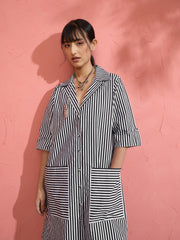 Women Black & White Stripe Notch Collar Midi Dress