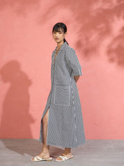 Women Black & White Stripe Notch Collar Midi Dress