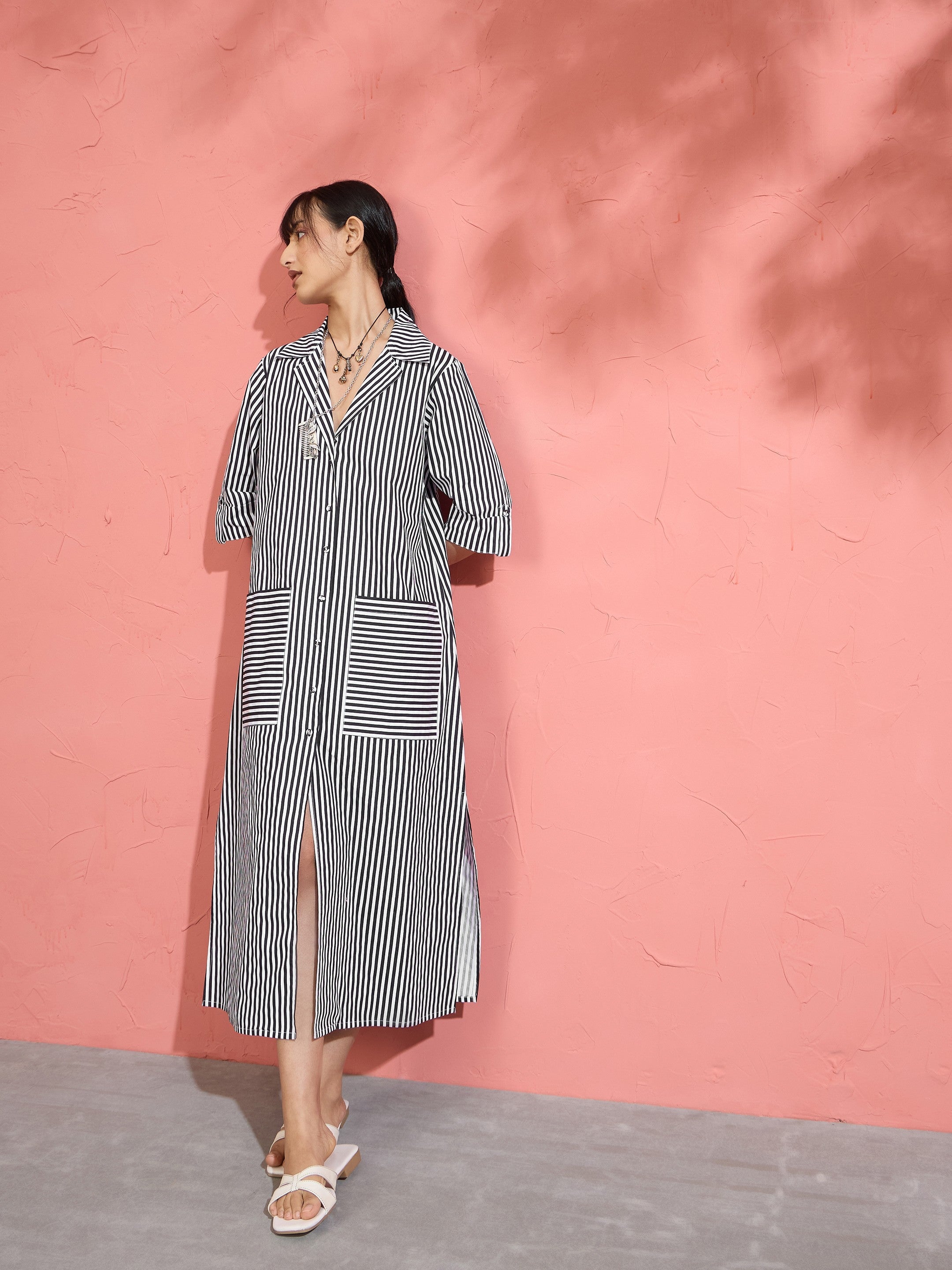Women Black & White Stripe Notch Collar Midi Dress