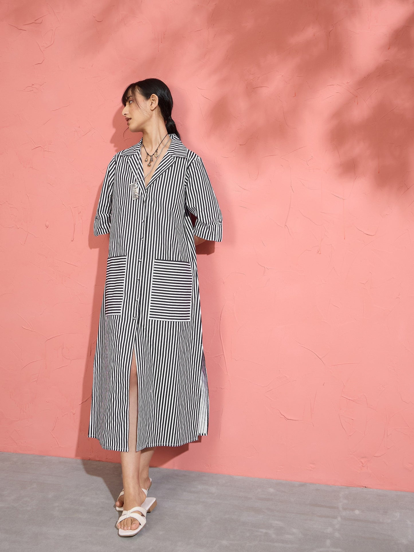 Women Black & White Stripe Notch Collar Midi Dress