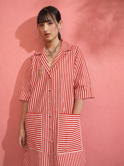 Women Red & White Stripe Notch Collar Midi Dress
