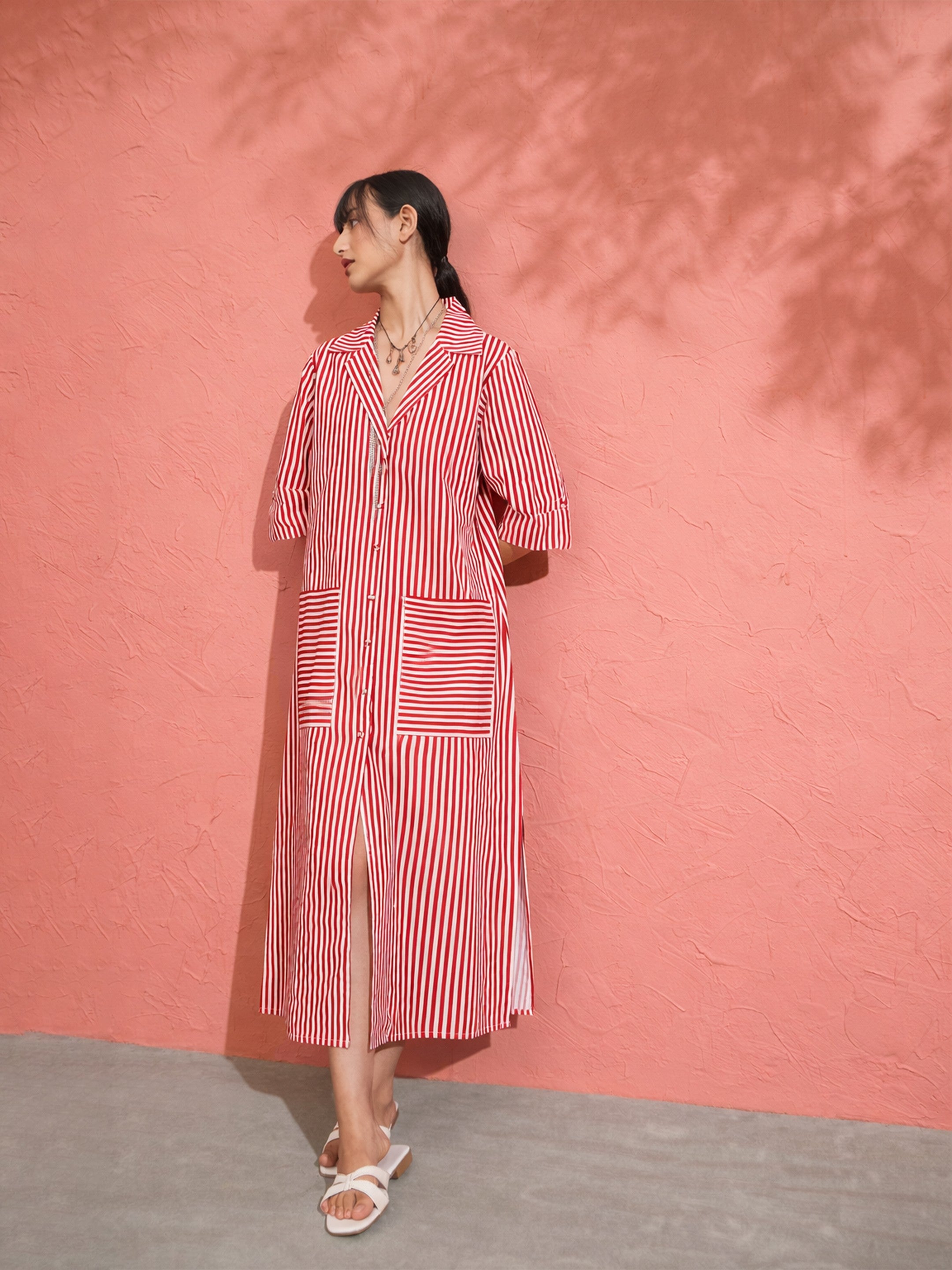 Women Red & White Stripe Notch Collar Midi Dress