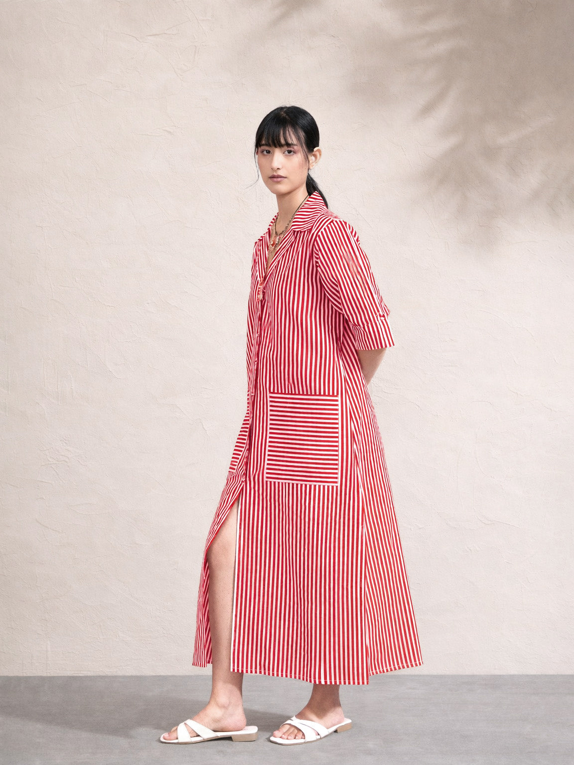 Women Red & White Stripe Notch Collar Midi Dress