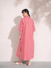Women Red & White Stripe Notch Collar Midi Dress