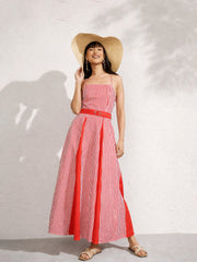 Women Red & White Stripe Strappy Flared Midi Dress