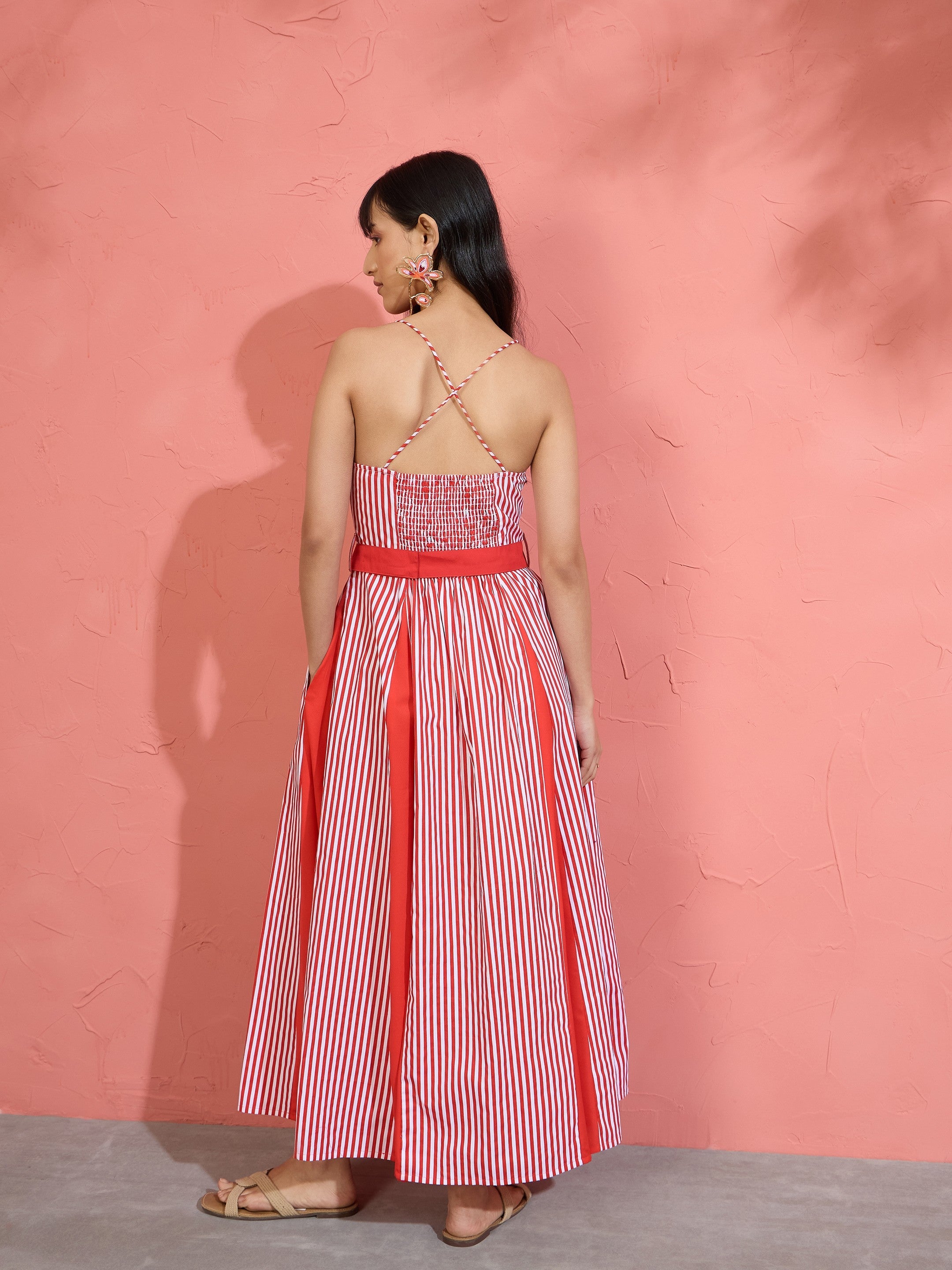 Women Red & White Stripe Strappy Flared Midi Dress