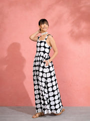 Women Black & White Big Polka Dot Strappy Maxi Dress