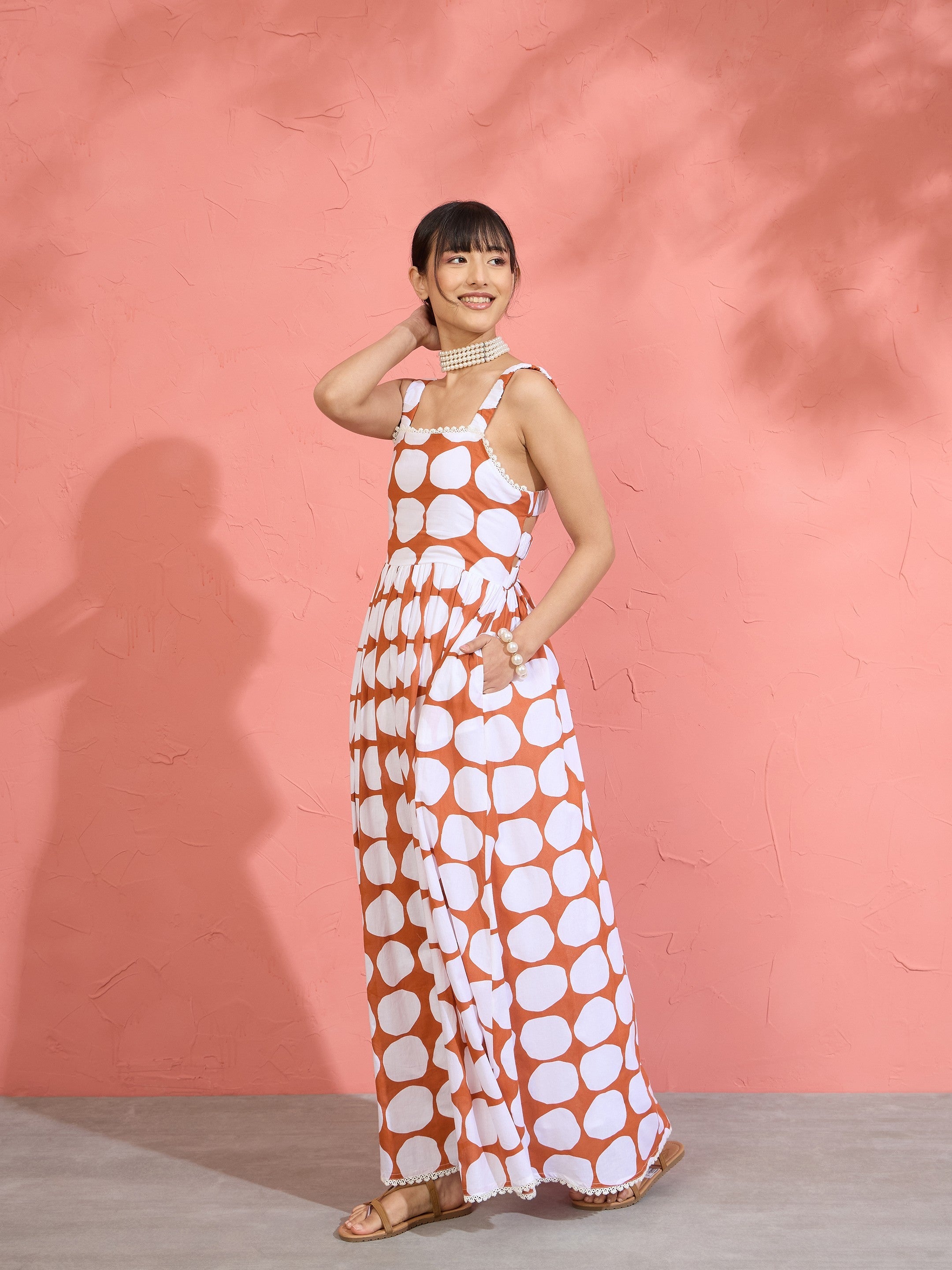 Women Brown & White Big Polka Dot Strappy Maxi Dress