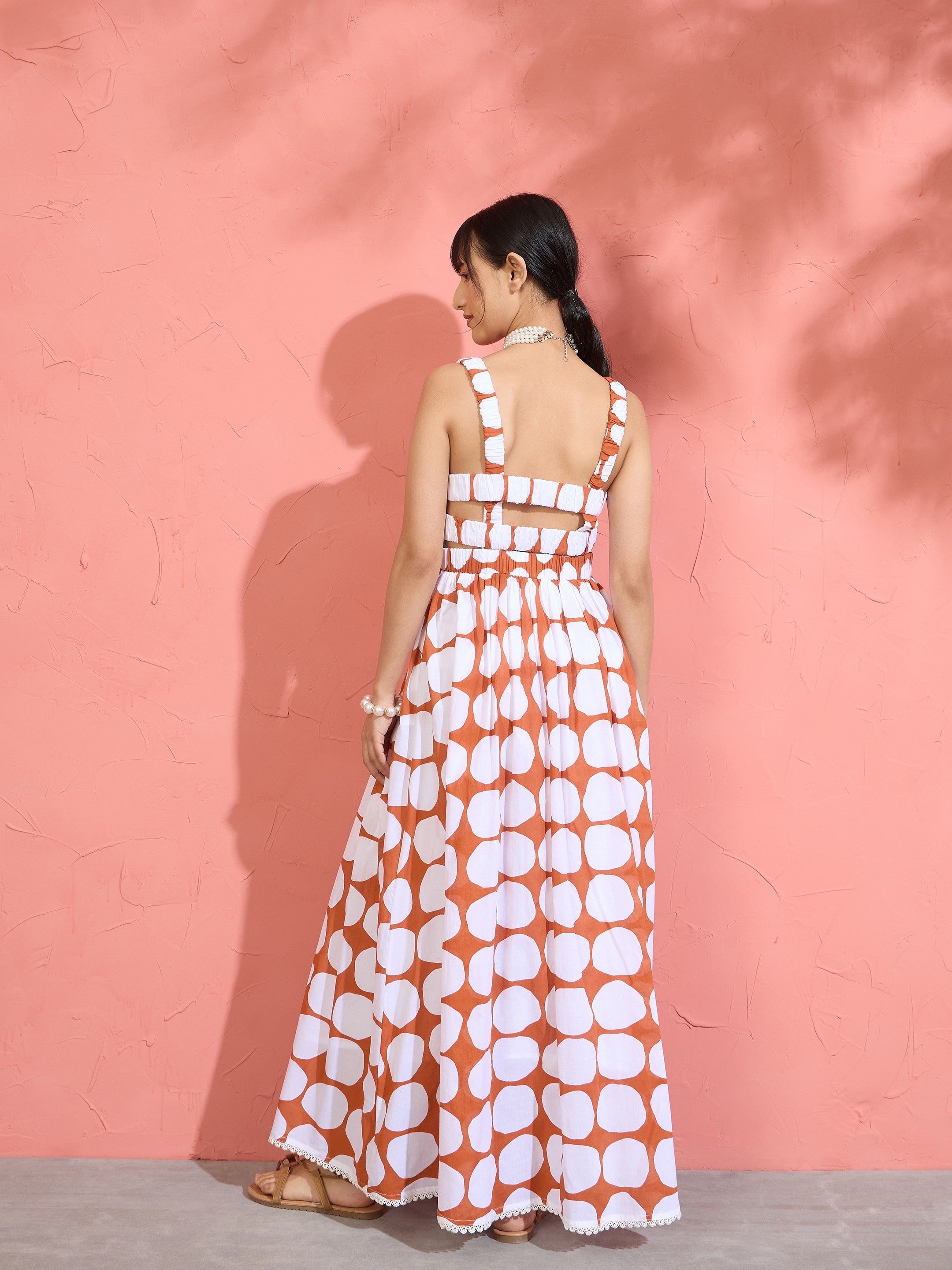 Women Brown & White Big Polka Dot Strappy Maxi Dress