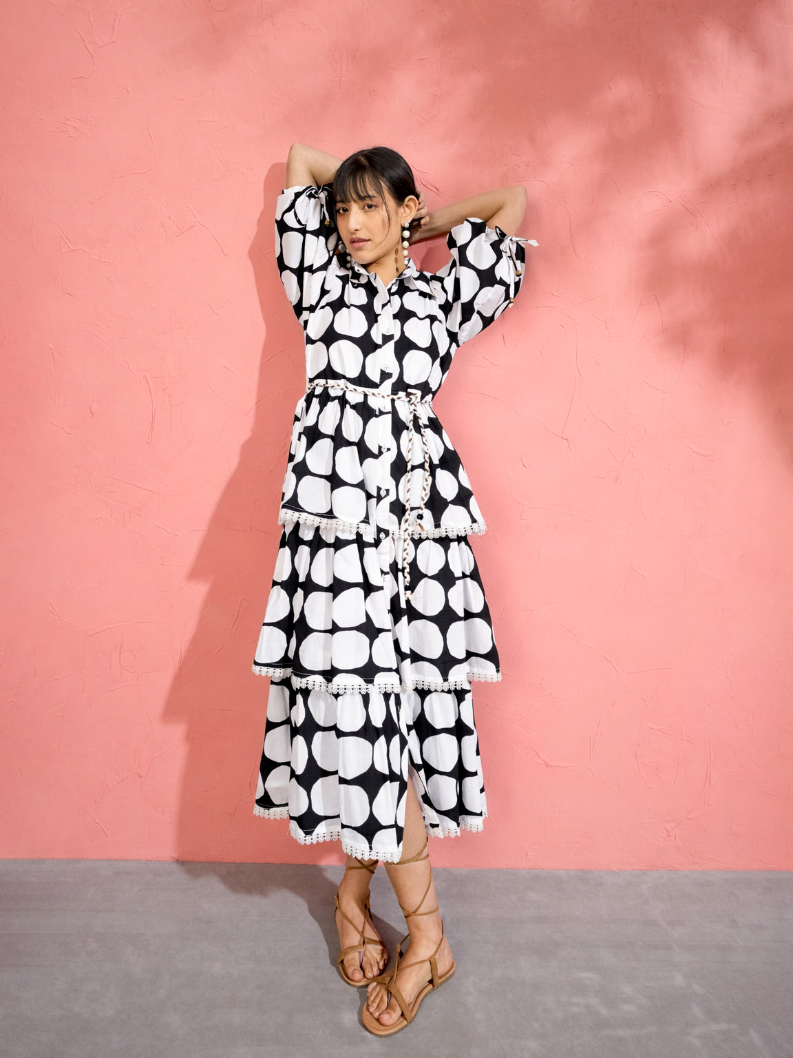 Black & White Polka Dot Frill Tiered Button Down Midi Dress Pink Paprika by SASSAFRAS