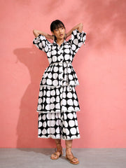 Black & White Polka Dot Frill Tiered Button Down Midi Dress Pink Paprika by SASSAFRAS