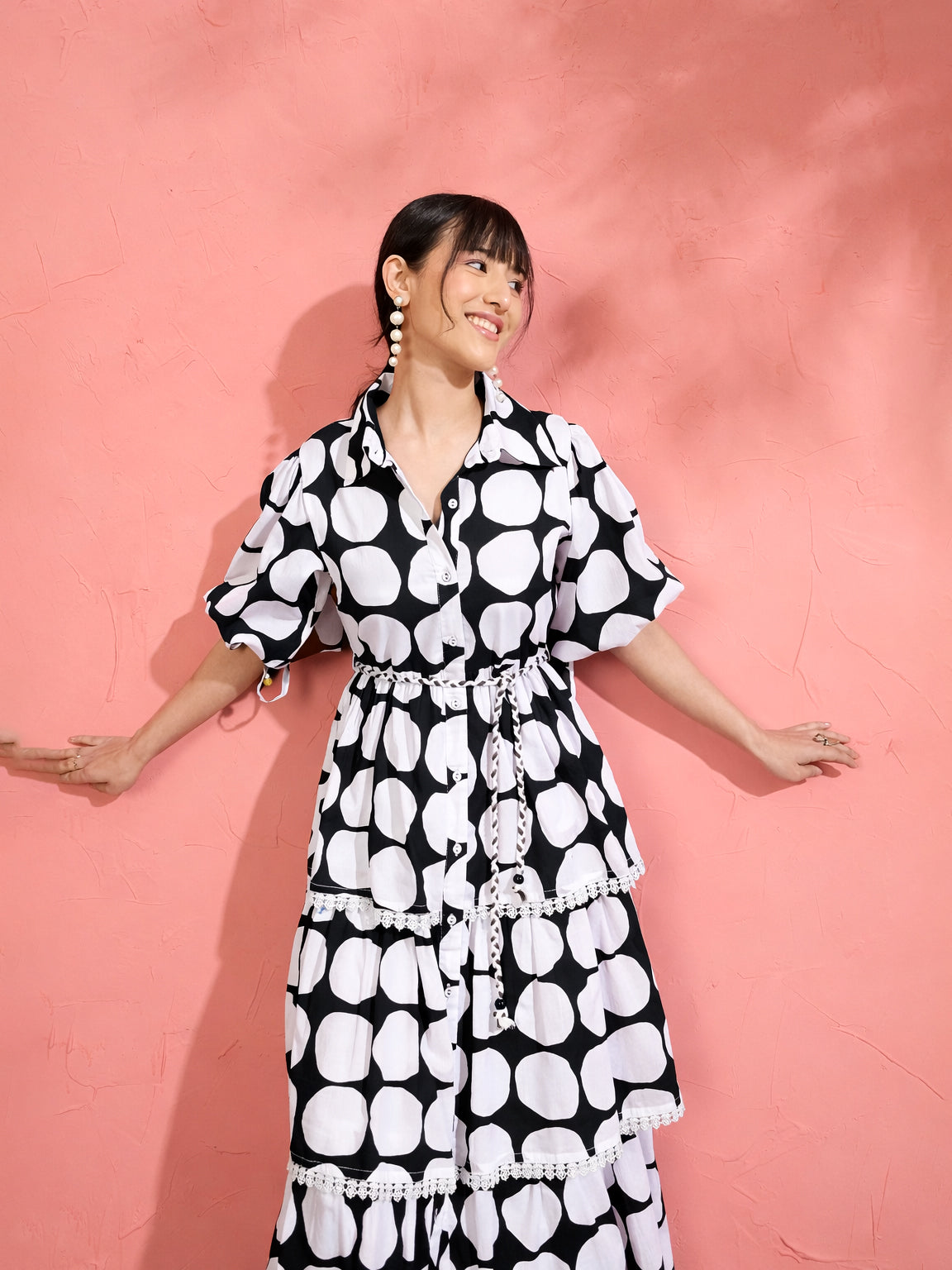 Black & White Polka Dot Frill Tiered Button Down Midi Dress Pink Paprika by SASSAFRAS