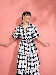 Black & White Polka Dot Frill Tiered Button Down Midi Dress Pink Paprika by SASSAFRAS