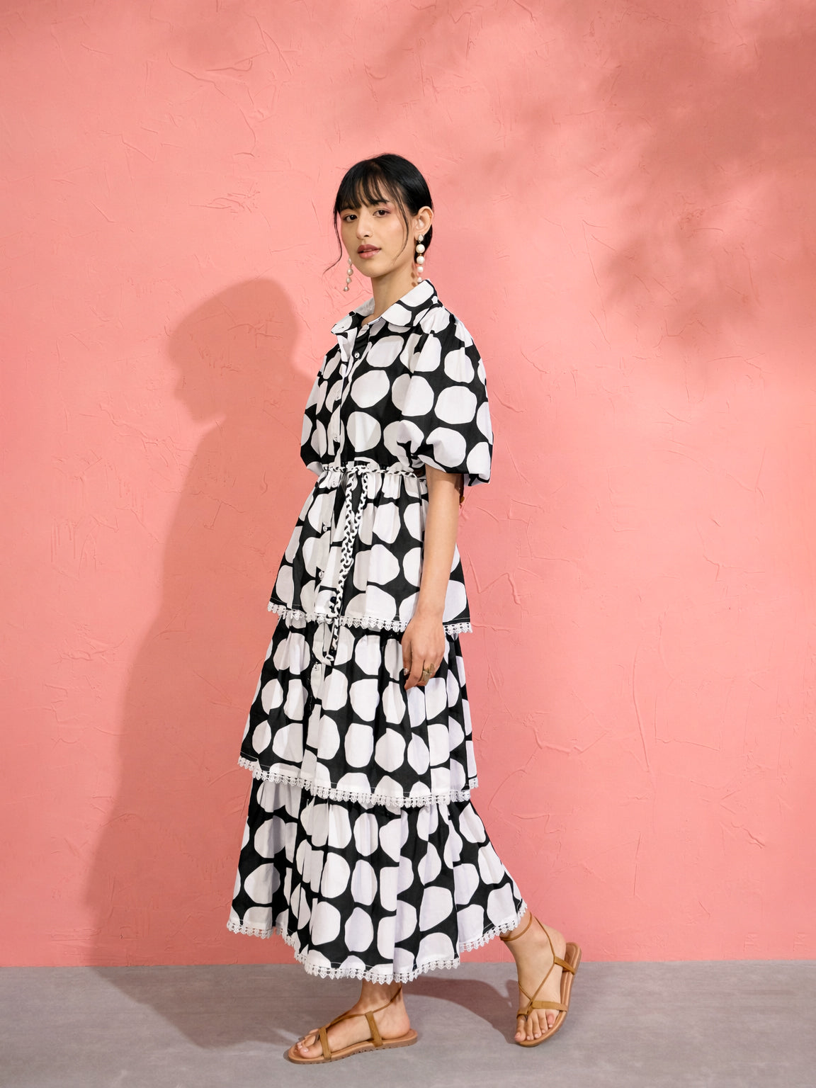 Black & White Polka Dot Frill Tiered Button Down Midi Dress Pink Paprika by SASSAFRAS