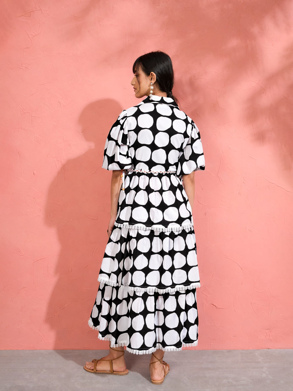 Black & White Polka Dot Frill Tiered Button Down Midi Dress Pink Paprika by SASSAFRAS