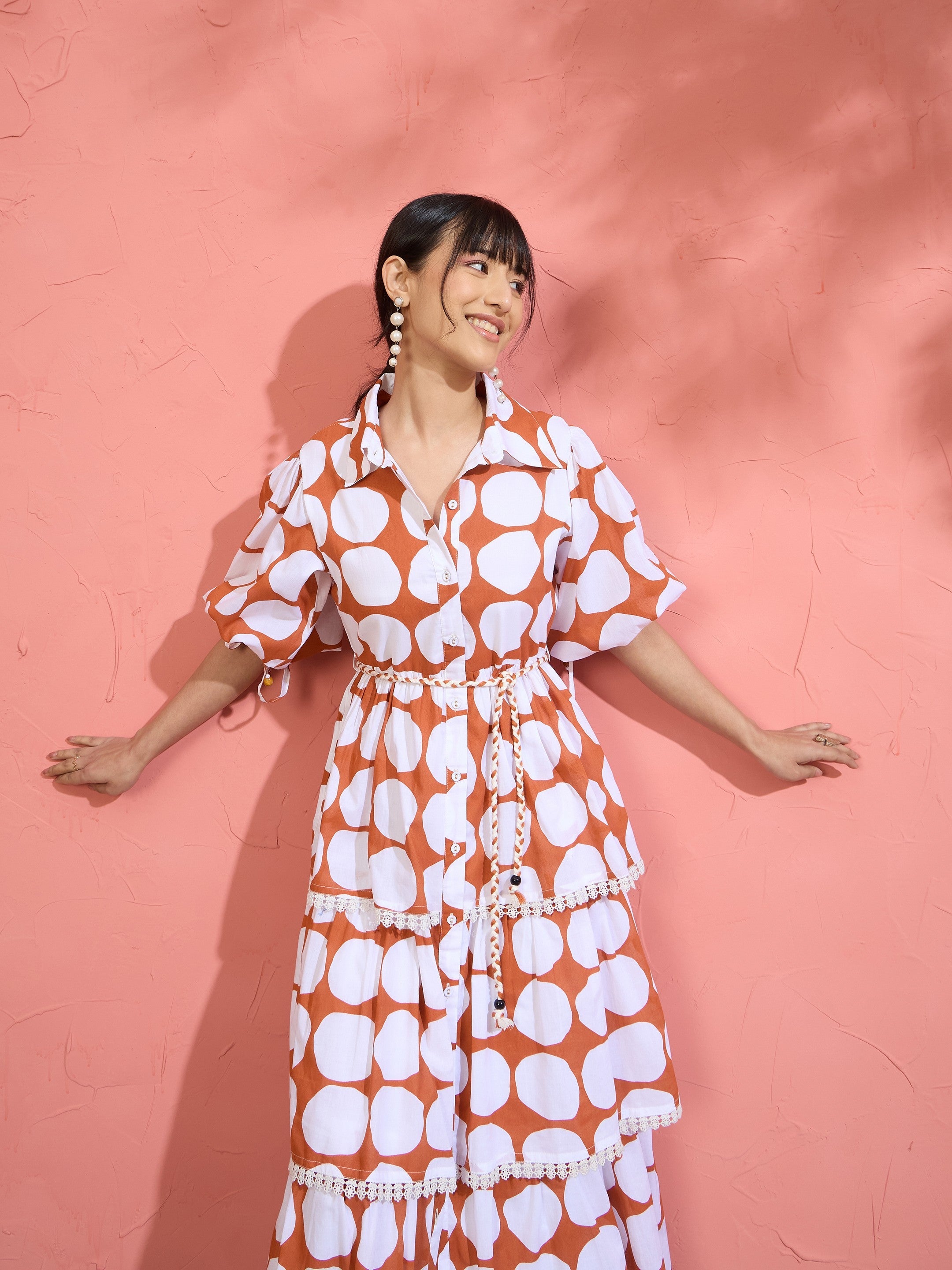 Women Brown & White Polka Dot Frill Tiered Button Down Midi Dress