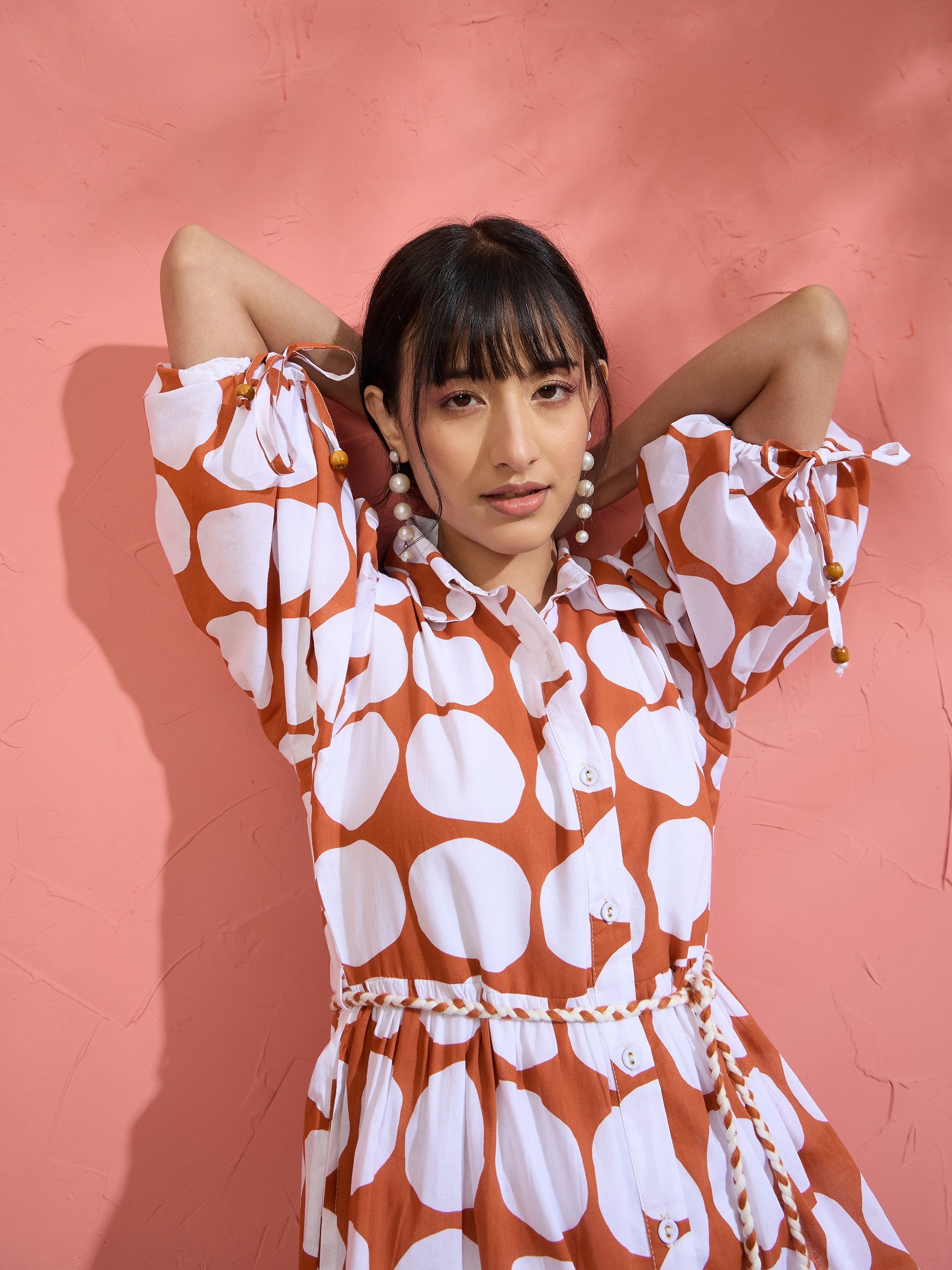 Women Brown & White Polka Dot Frill Tiered Button Down Midi Dress