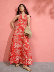 Women Red Poplin Floral Halter Neck Maxi Dress
