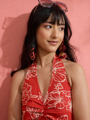 Women Red Poplin Floral Halter Neck Maxi Dress