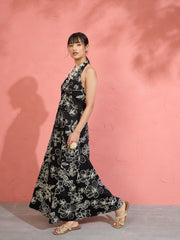 Women Black Poplin Floral Halter Neck Maxi Dress