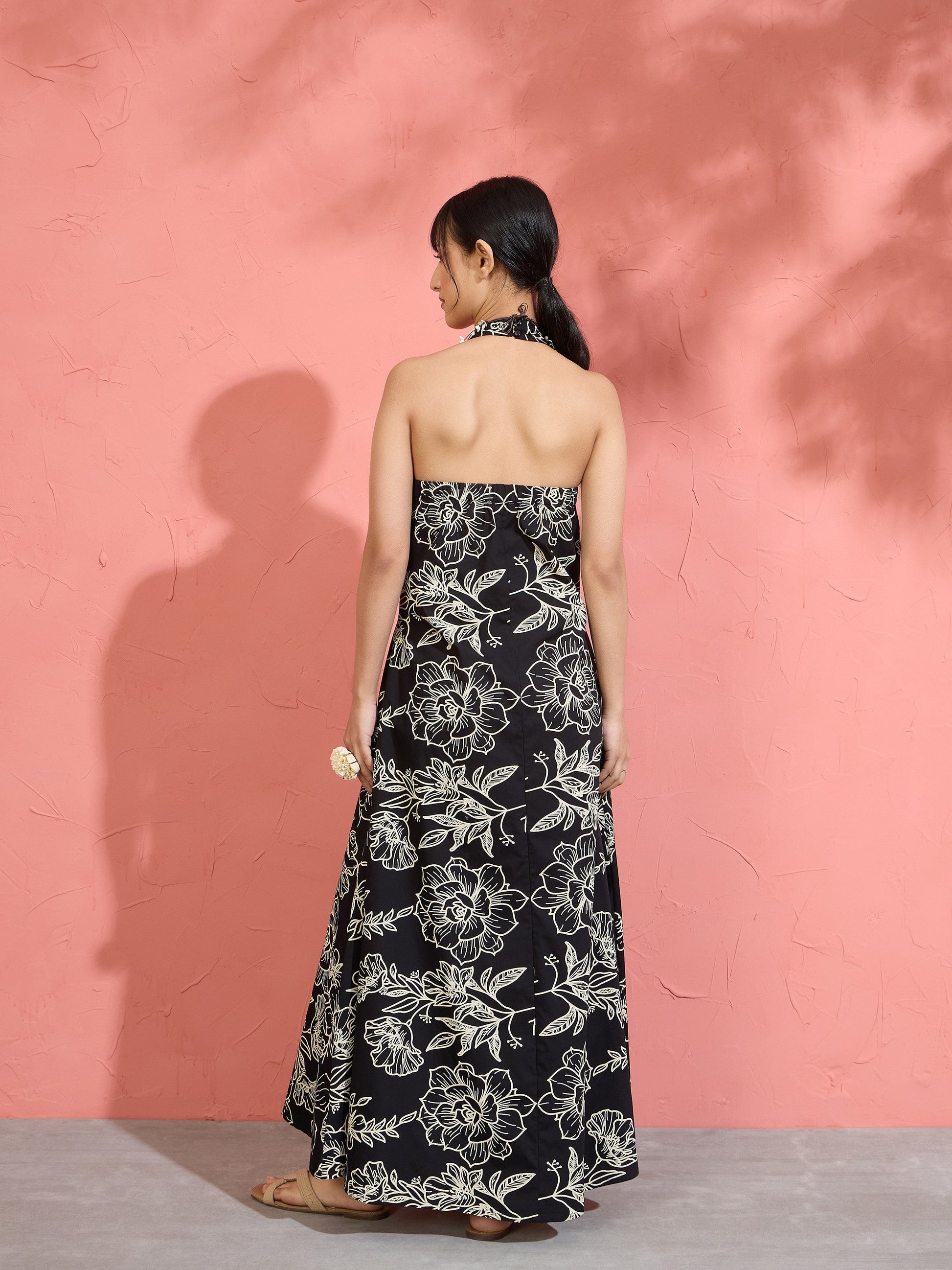Women Black Poplin Floral Halter Neck Maxi Dress