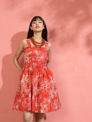 Women Red Poplin Floral Ruffle Neck Smocked Skater Dress