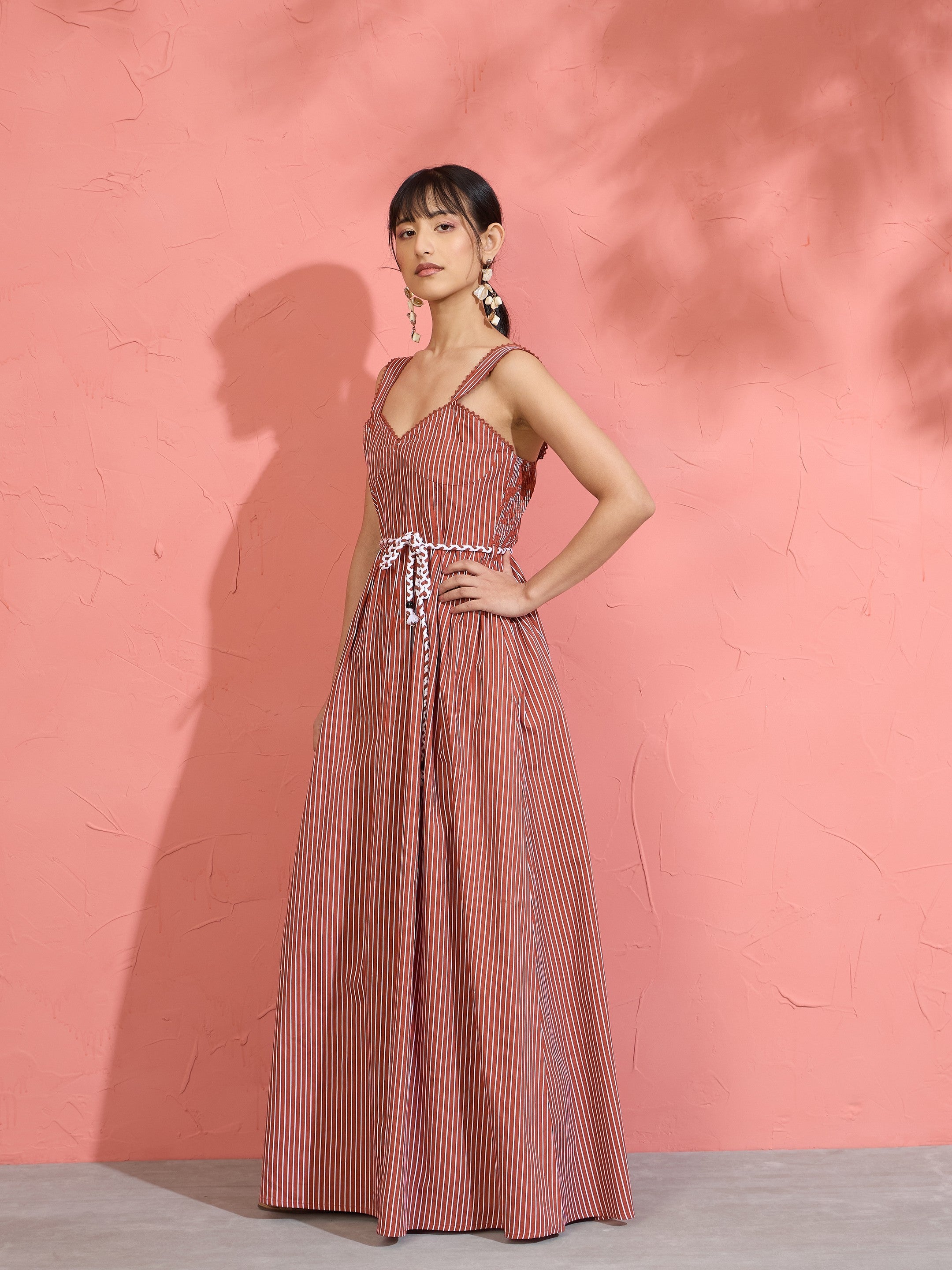 Brown Pin Stripe Maxi Dress Pink Paprika by SASSAFRAS