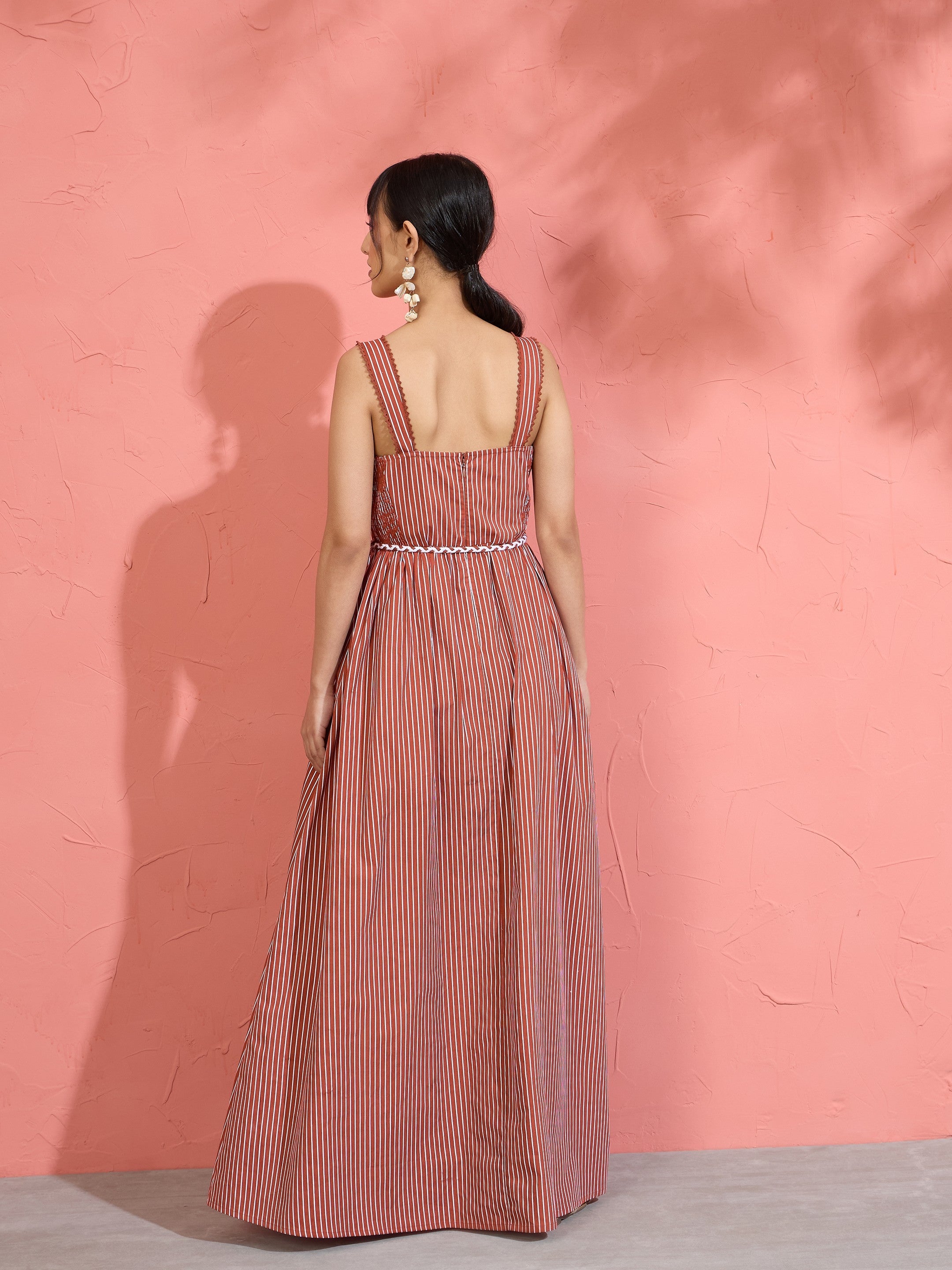 Brown Pin Stripe Maxi Dress Pink Paprika by SASSAFRAS
