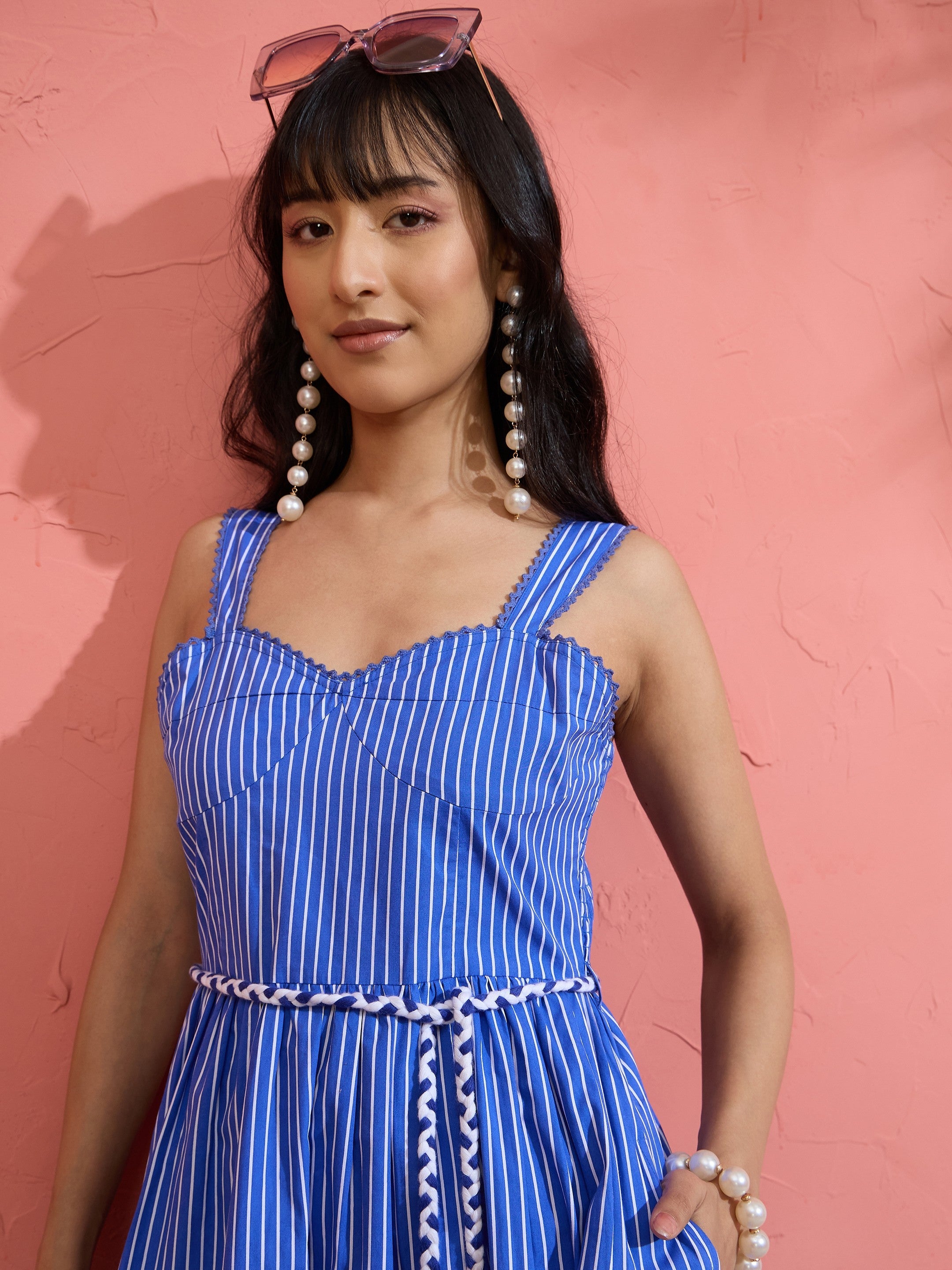 Blue Pin Stripe Maxi Dress Pink Paprika by SASSAFRAS