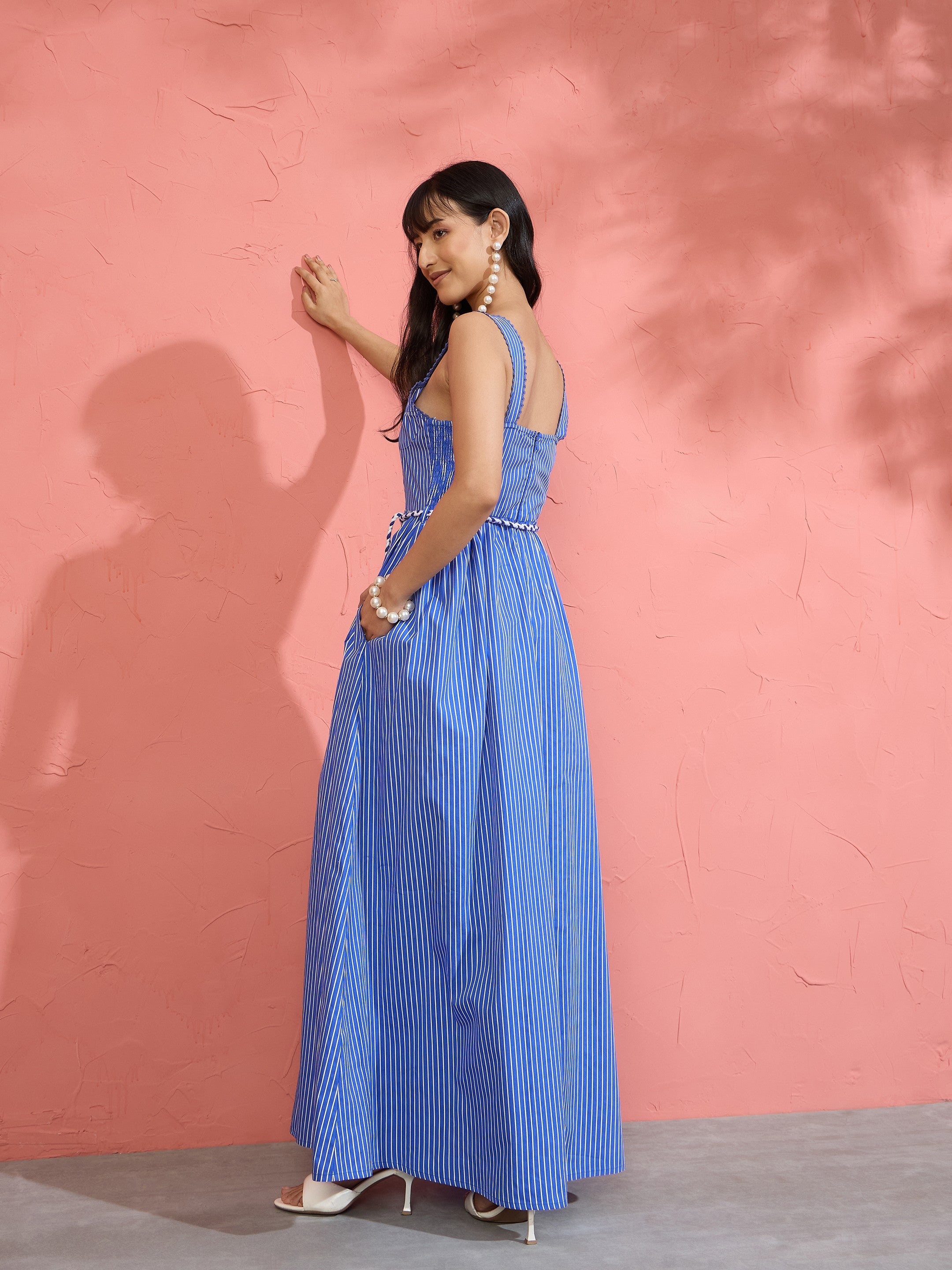 Blue Pin Stripe Maxi Dress Pink Paprika by SASSAFRAS