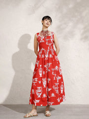 Women Red & White Printed Sleeveless Button Down Midi Dress