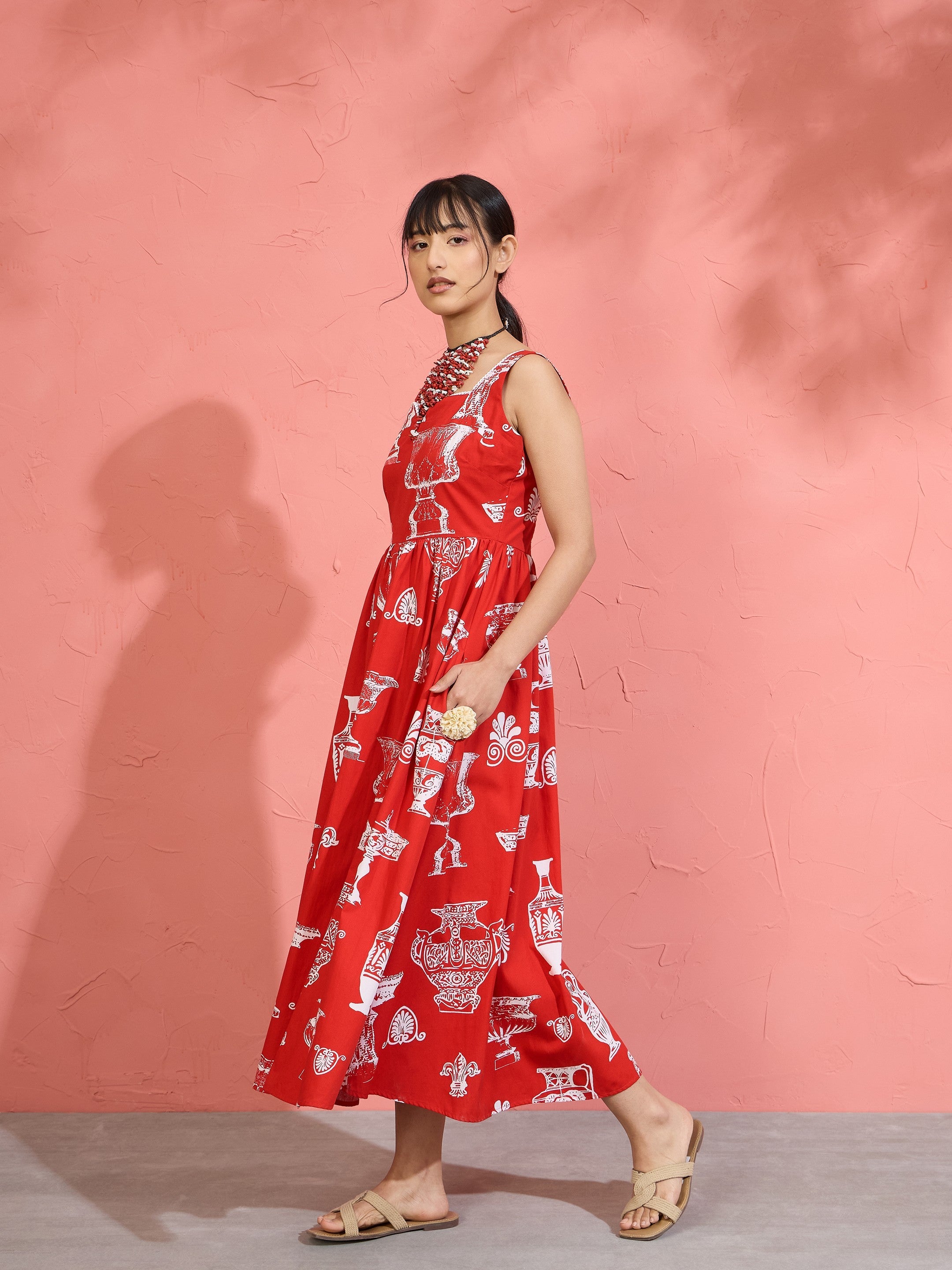 Women Red & White Printed Sleeveless Button Down Midi Dress