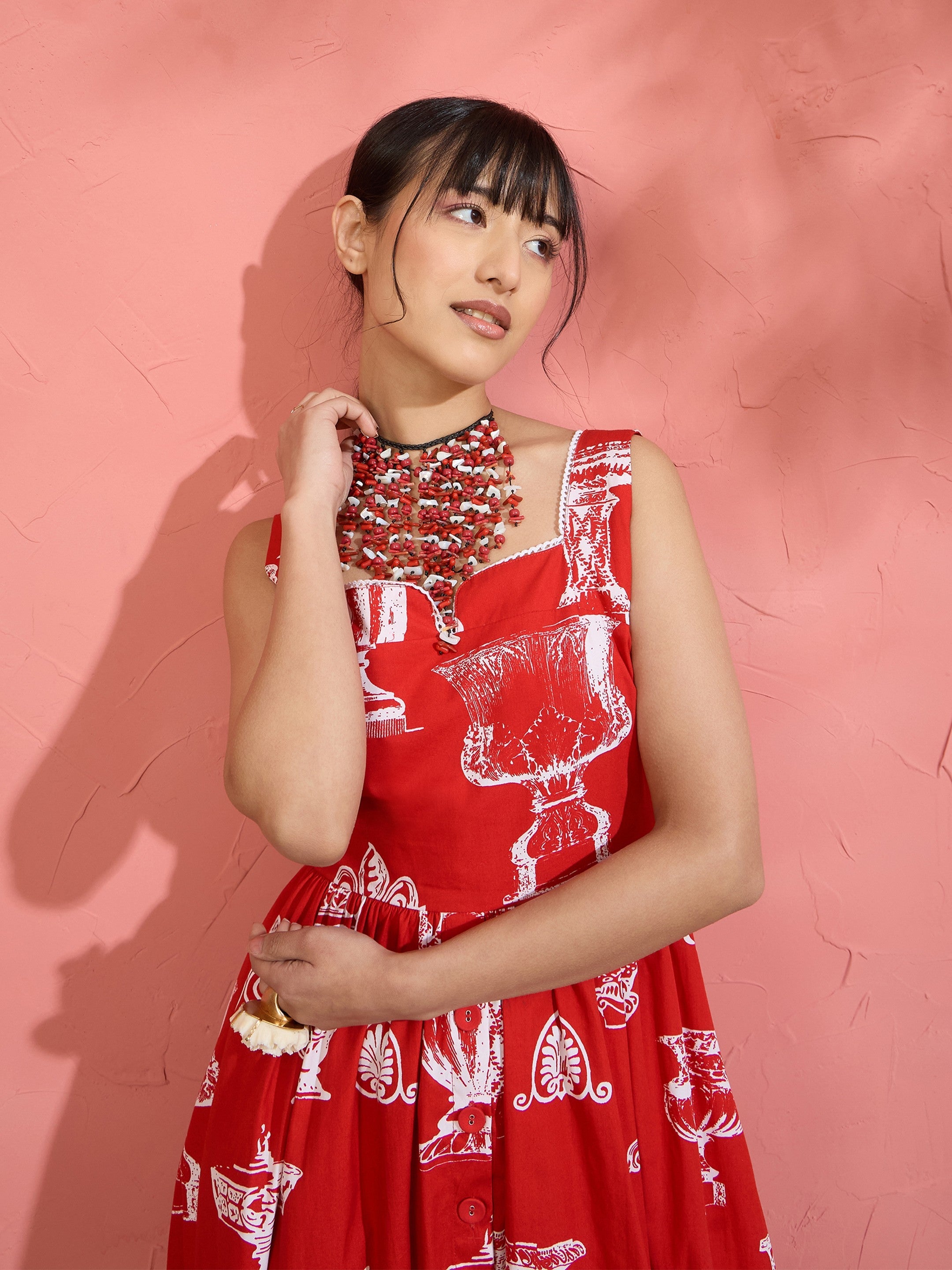 Women Red & White Printed Sleeveless Button Down Midi Dress