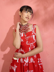 Women Red & White Printed Sleeveless Button Down Midi Dress