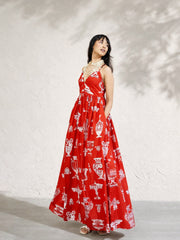 Women Red Printed Strappy Flared Maxi Dress