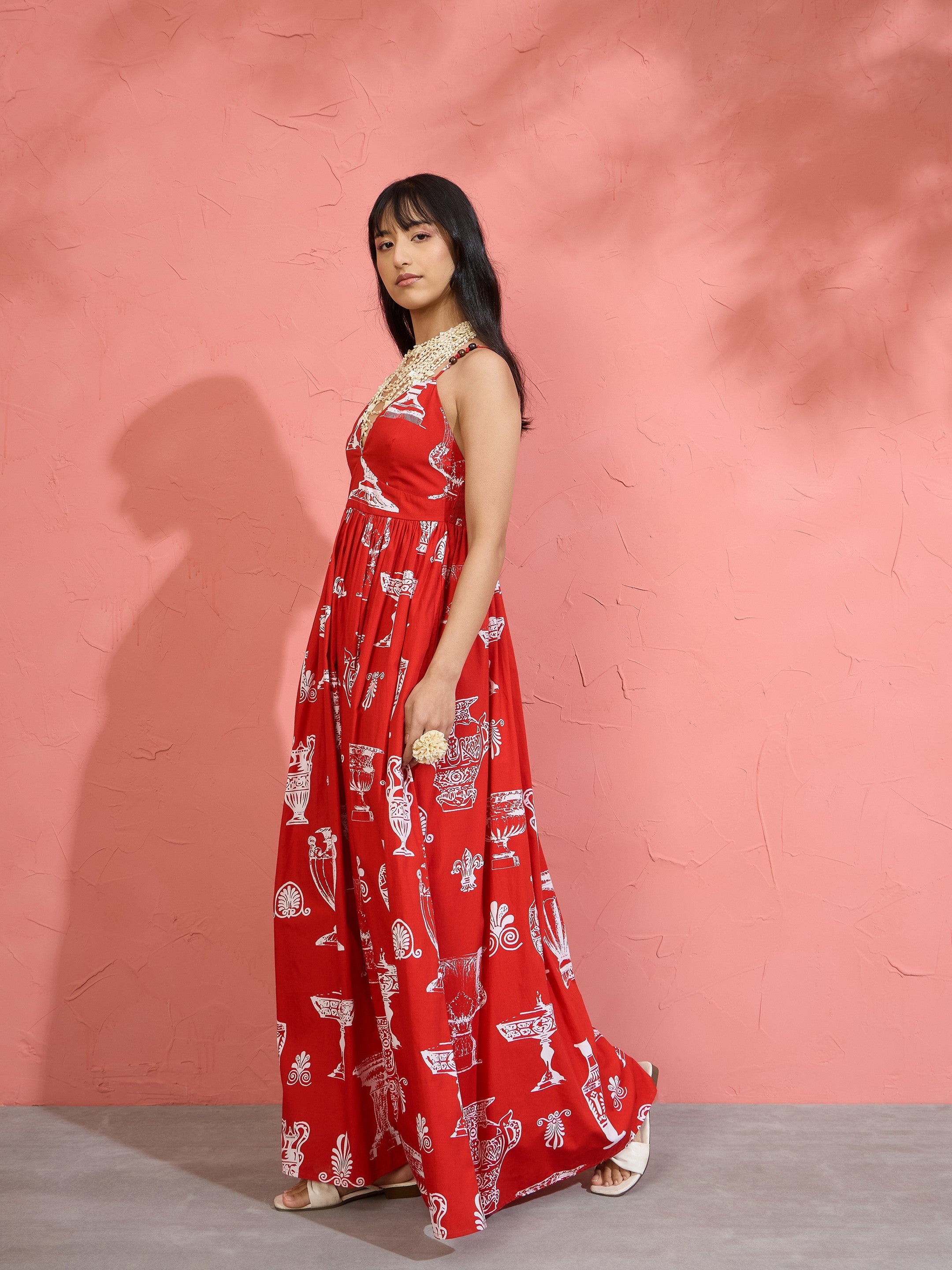 Women Red Printed Strappy Flared Maxi Dress