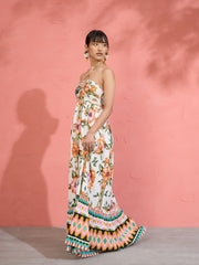 Women White Floral Front Ruched Tie-Back Maxi Dress