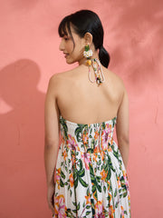 Women White Floral Front Ruched Tie-Back Maxi Dress