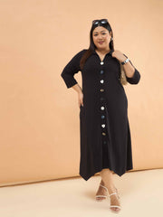 Women Black Multi Design Button Down Midi Dress