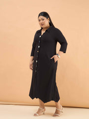 Women Black Multi Design Button Down Midi Dress