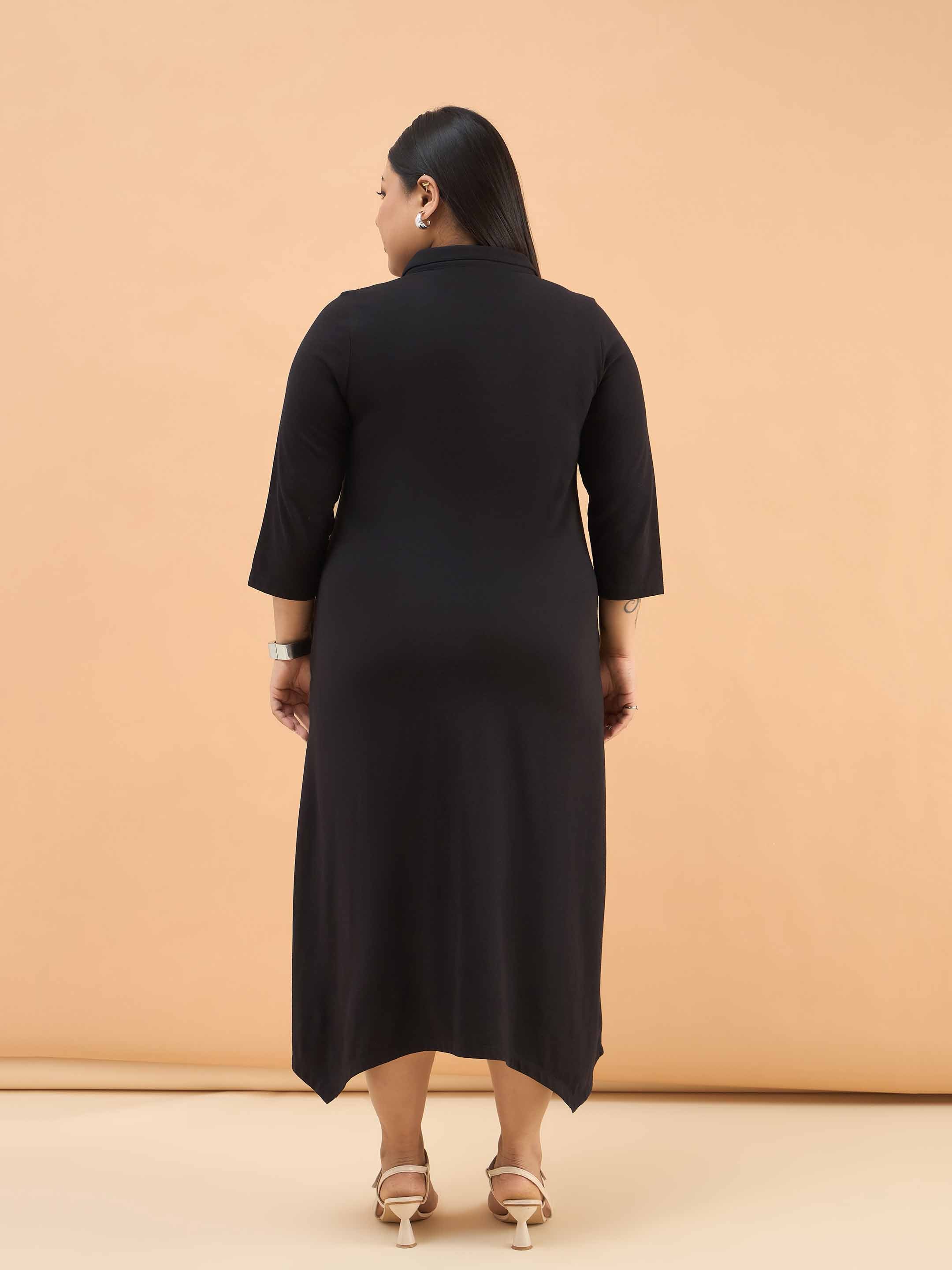 Women Black Multi Design Button Down Midi Dress