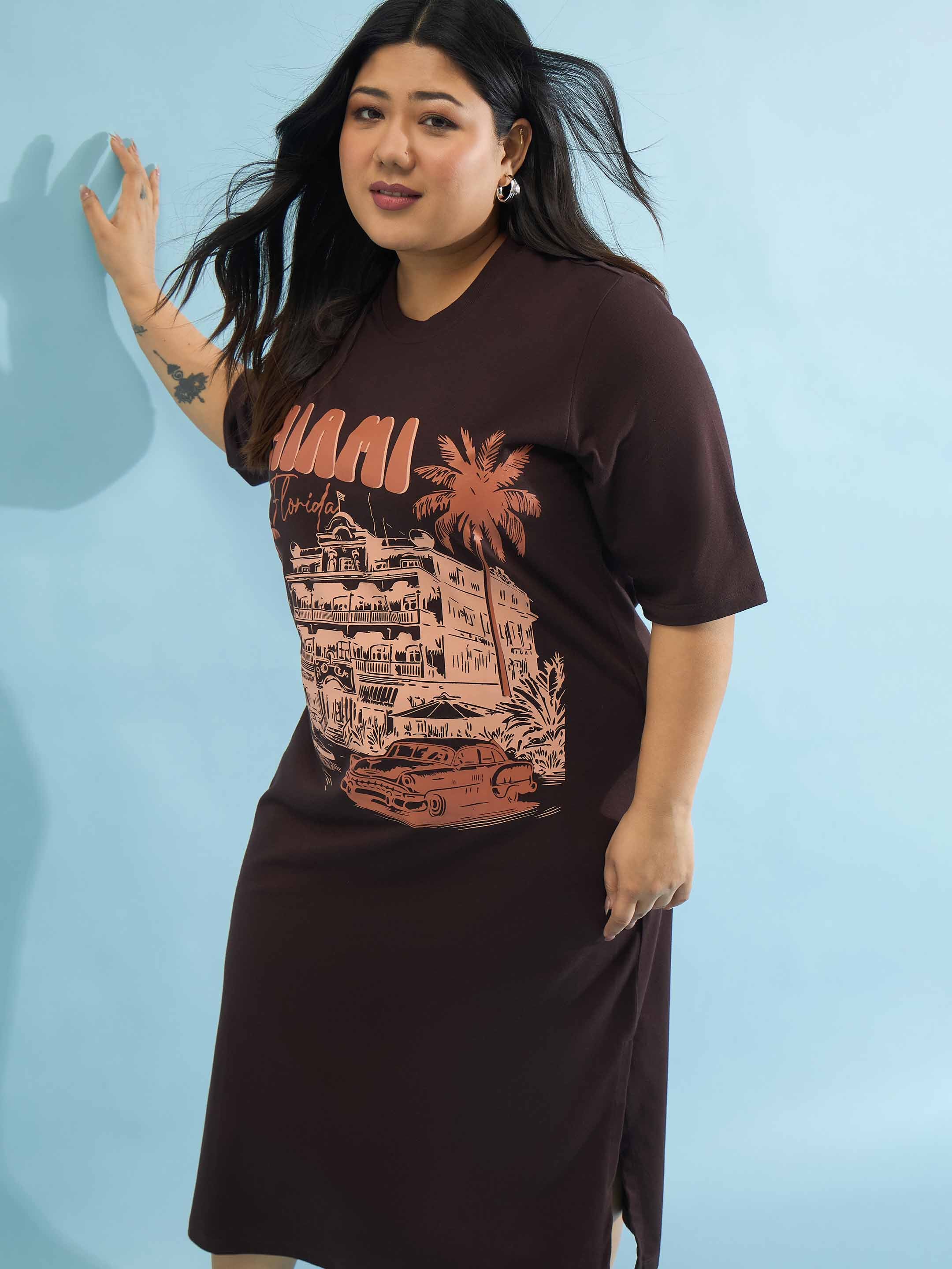 Women Brown MIAMI T Shirt Dress