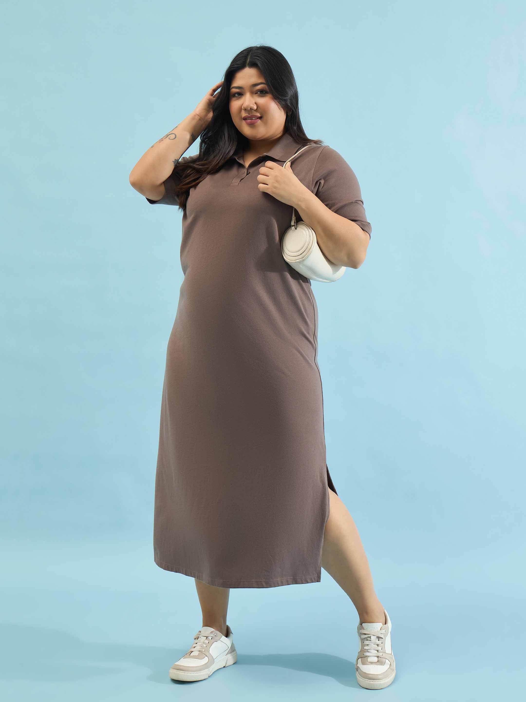 Women Taupe Polo Neck Side Slit Midi Dress