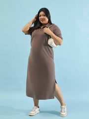Women Taupe Polo Neck Side Slit Midi Dress