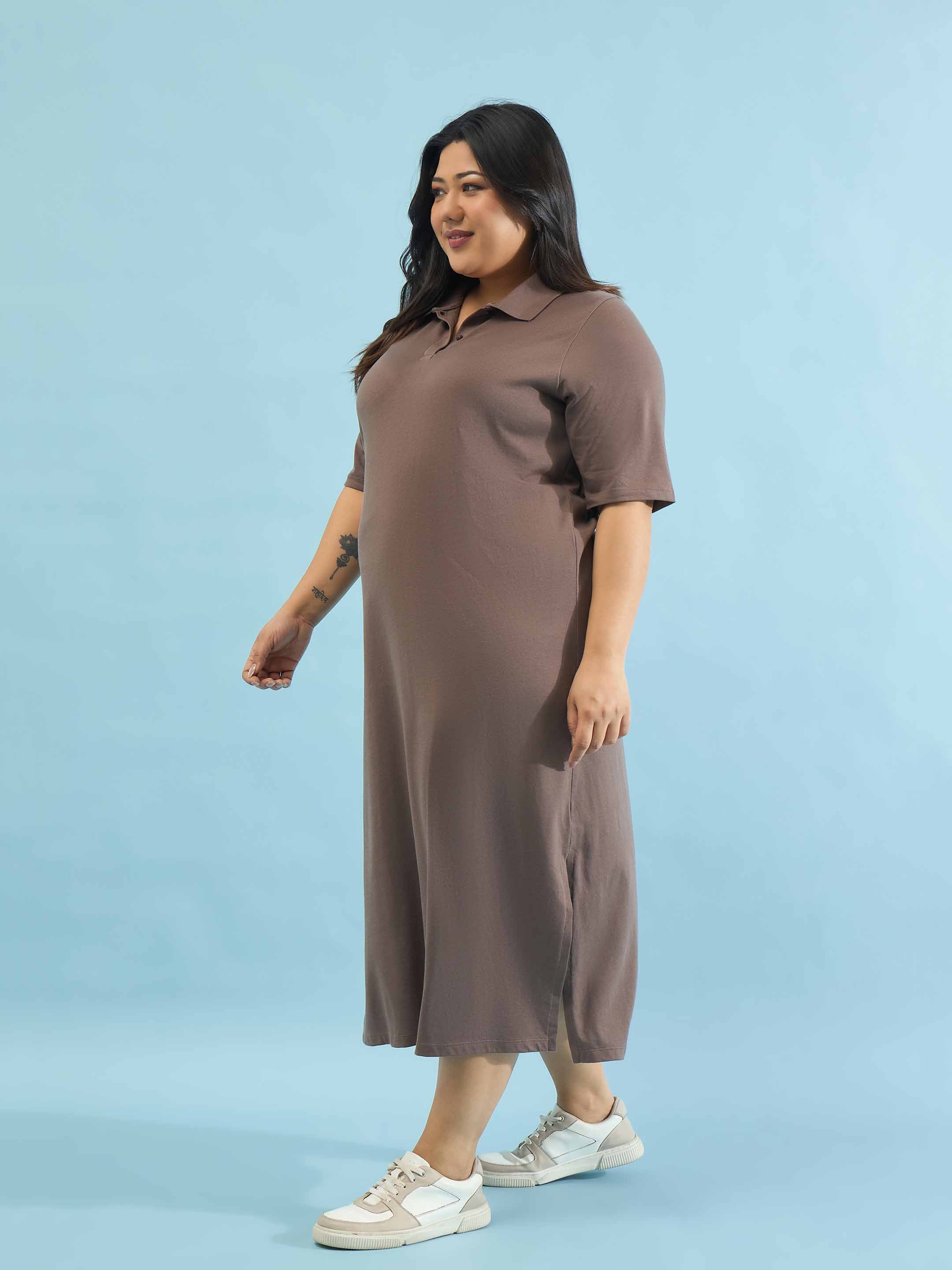 Women Taupe Polo Neck Side Slit Midi Dress