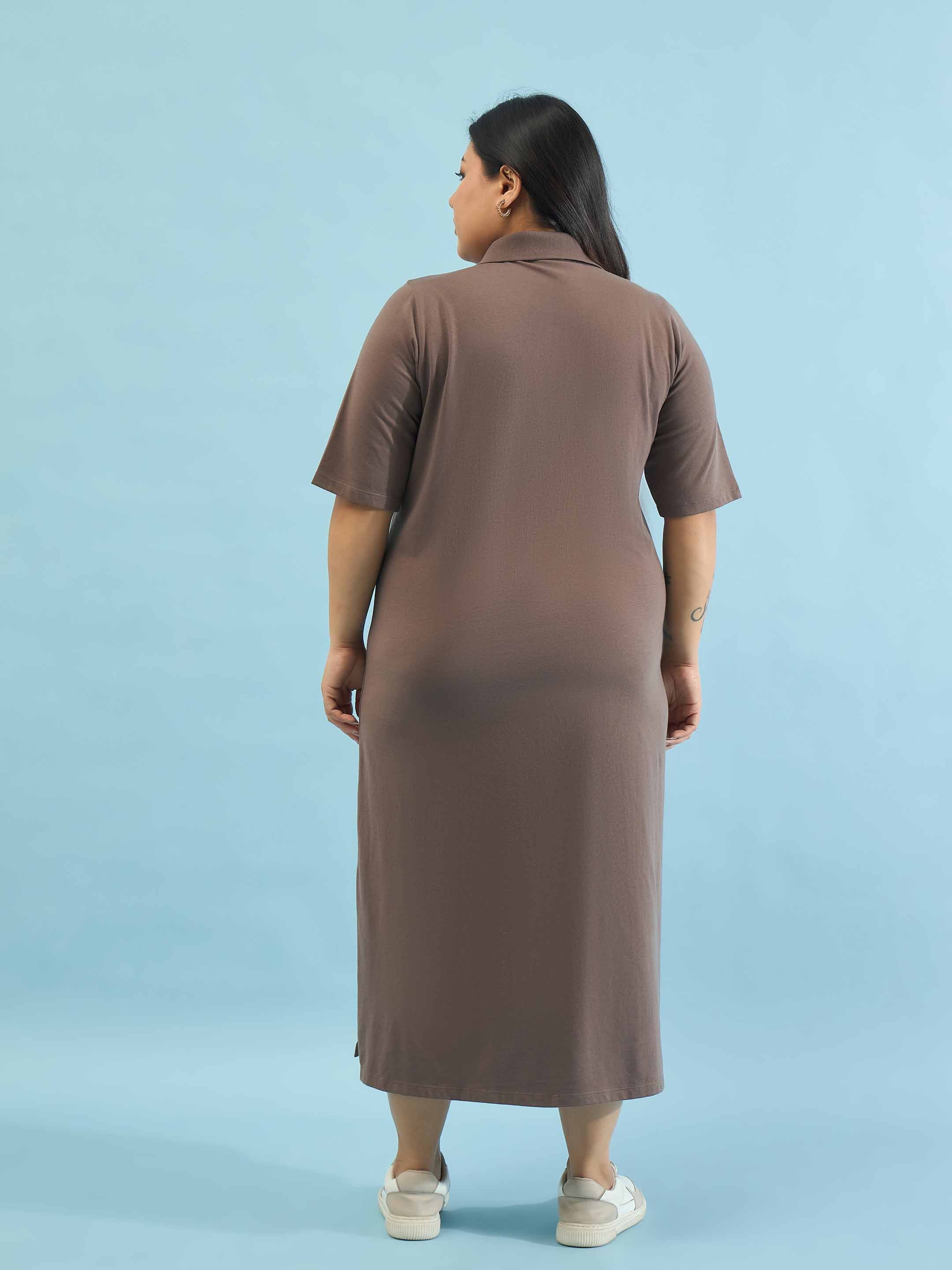 Women Taupe Polo Neck Side Slit Midi Dress