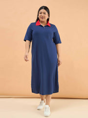 Women Navy Polo Neck Side Slit Midi Dress