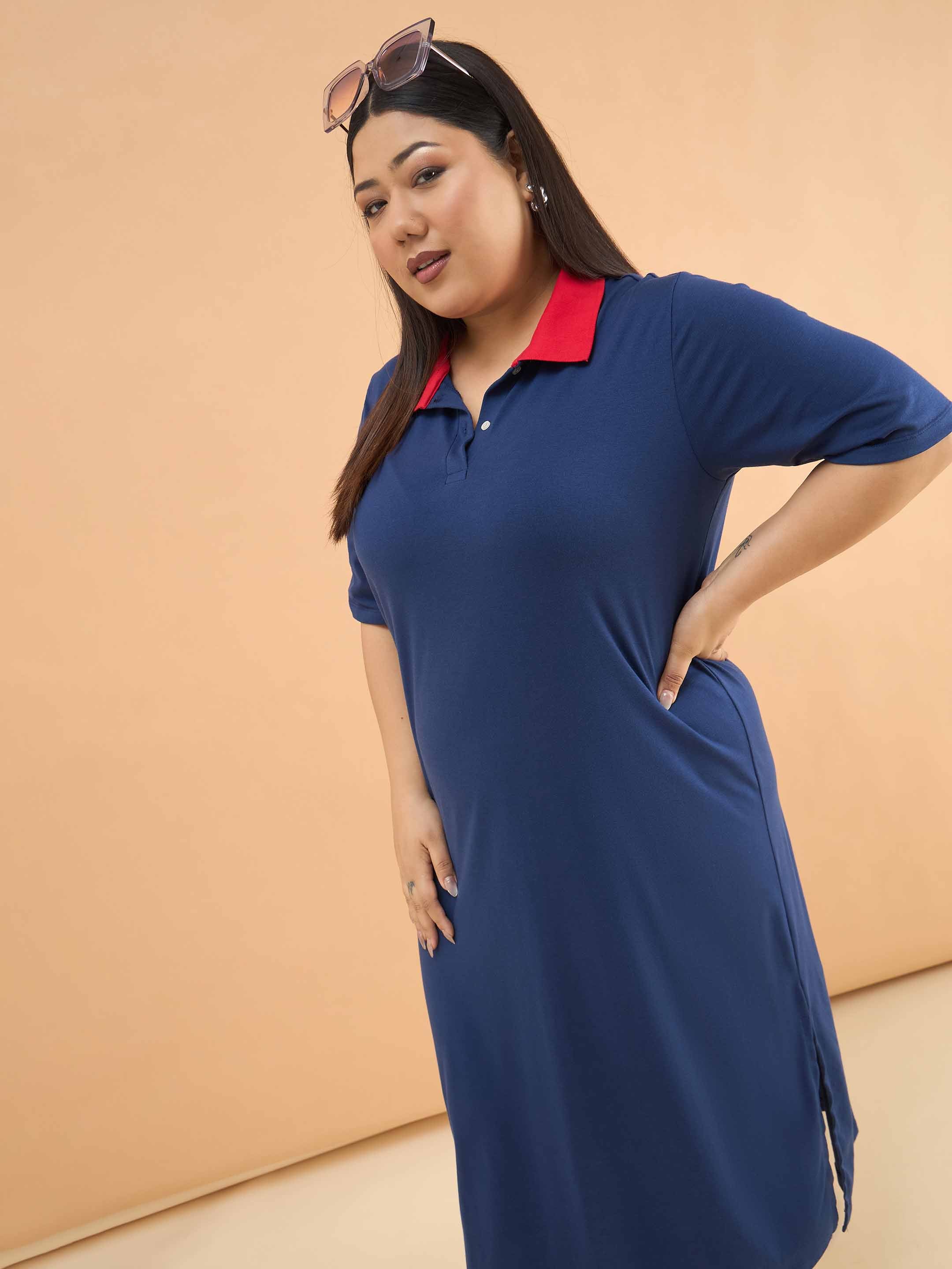 Women Navy Polo Neck Side Slit Midi Dress