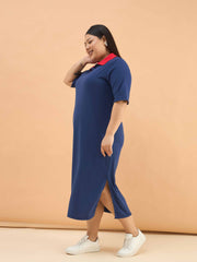 Women Navy Polo Neck Side Slit Midi Dress